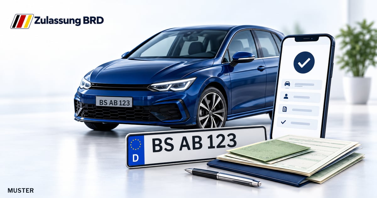 Online Fahrzeugzulassung in Braunschweig: Musterkennzeichen BS AB 123, Auto und Fahrzeugpapiere und Smartphone. Illustration mit Logo von Zulassung BRD.